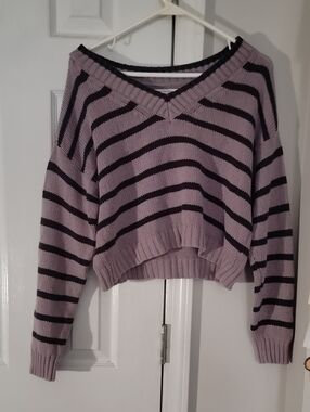 American Eagle Outfitters Lavender and Black Striped V-Neck Sweater